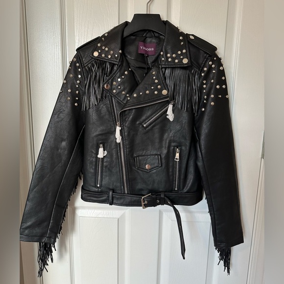 Vigoss Black Leather Jacket with Studs and Fringe - Picture 15 of 16